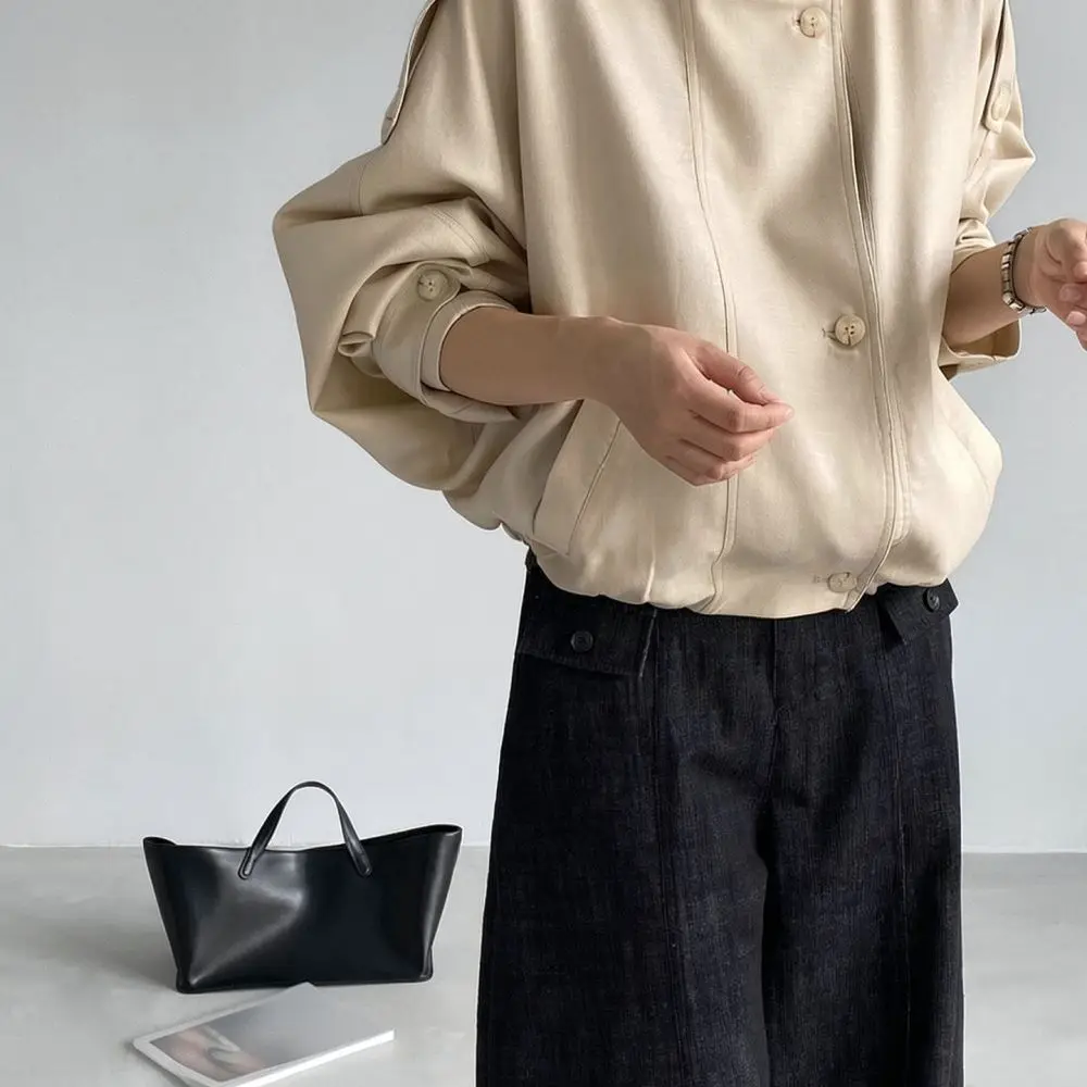 Casual Women Trench Coat Batwing Sleeve Jacket Lyocell Linen Blend Autumn Loose Fit Short Outerwear Modern Style