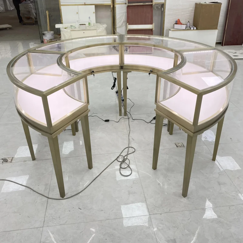 

Customize.Combination Stainless Steel Frame Fan-Shaped Jewelry LED Mirror Storage Display Cabinet Shopping Mall Commerci