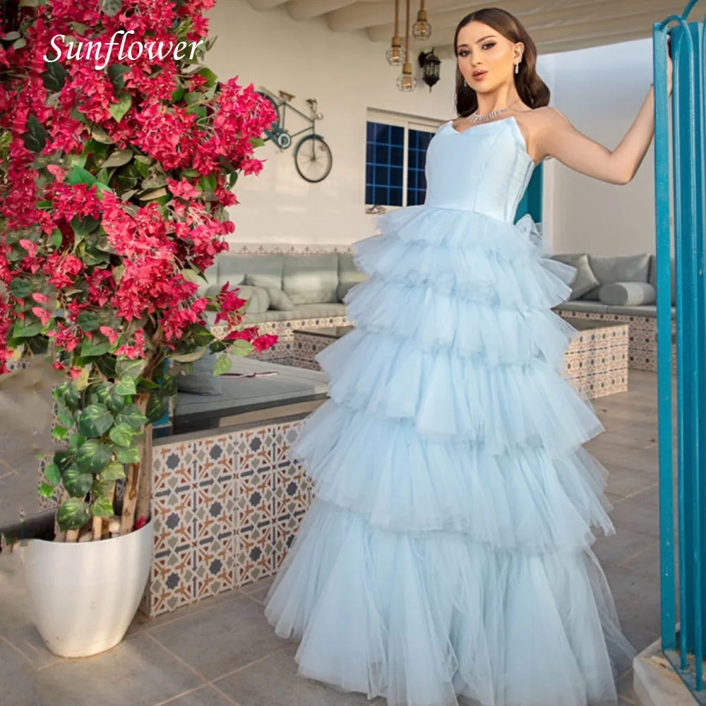 

Sunflower Blue Strapless Formal Evening Dress 2023 Slim Backless A-LINE Tiered Tulle Ankle-Length High-end Custom Prom Gowns