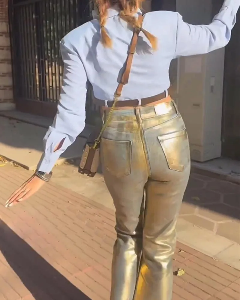 High Waist Gilded Coated Loose Jeans Straight Wide Leg Cool Design Denim Pants Women's New Fashion High Street Trousers