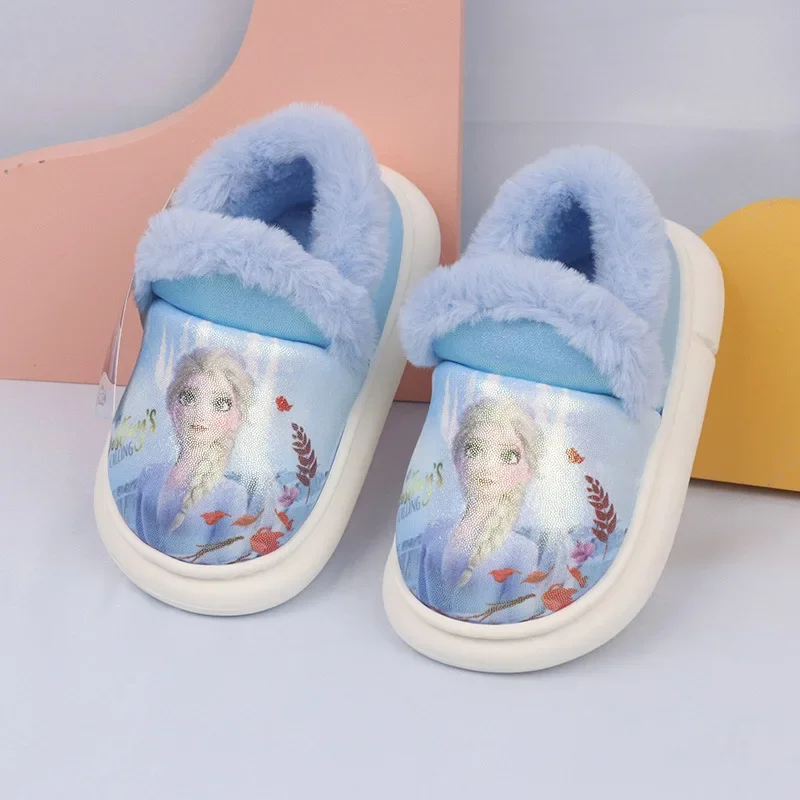 Disney Cartoon Frozen Princess Elsa Children\'s Plush Slippers Soft Non-slip Winter Warm Baby Girls Kids Indoor Home Cotton Shoes