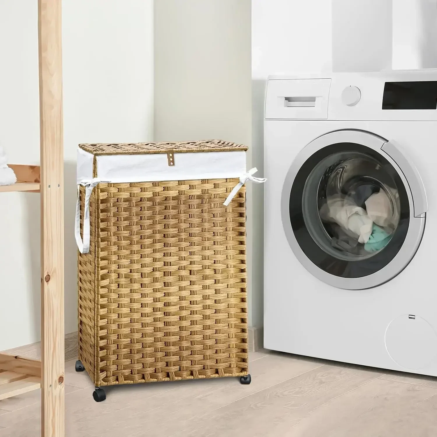 

70L Slim Laundry Hamper With Lid & Wheels, 2-Park Rolling Laundry Basket With 4 Removable Liner Bags & 3 Mesh Bags（Hot）