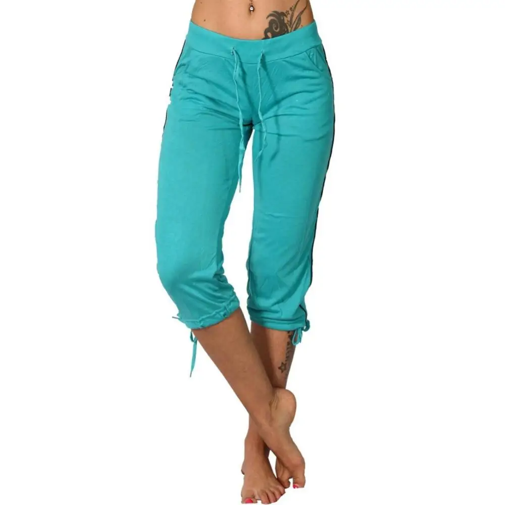 Pantalones ajustados de tiro medio con bolsillos para mujer, pantalones recortados, pantalones de chándal, pantalones de Yoga de salón, Color sólido