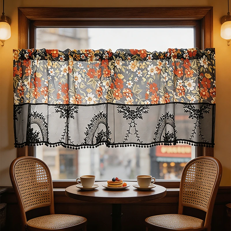 1pc American Cafe Spliced Window Drape, Linen Floral Print Mirror Floral Lace Cafe Curtain with Pom Pom Trim
