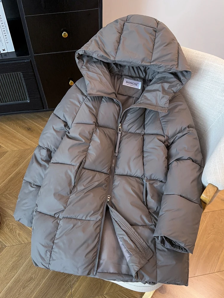 

2025 зимнее модное хлопковое пальто с капюшоном, новое женское однотонное свободное пальто-пуховик с двойной молнией, женское шикарное теплое пальто