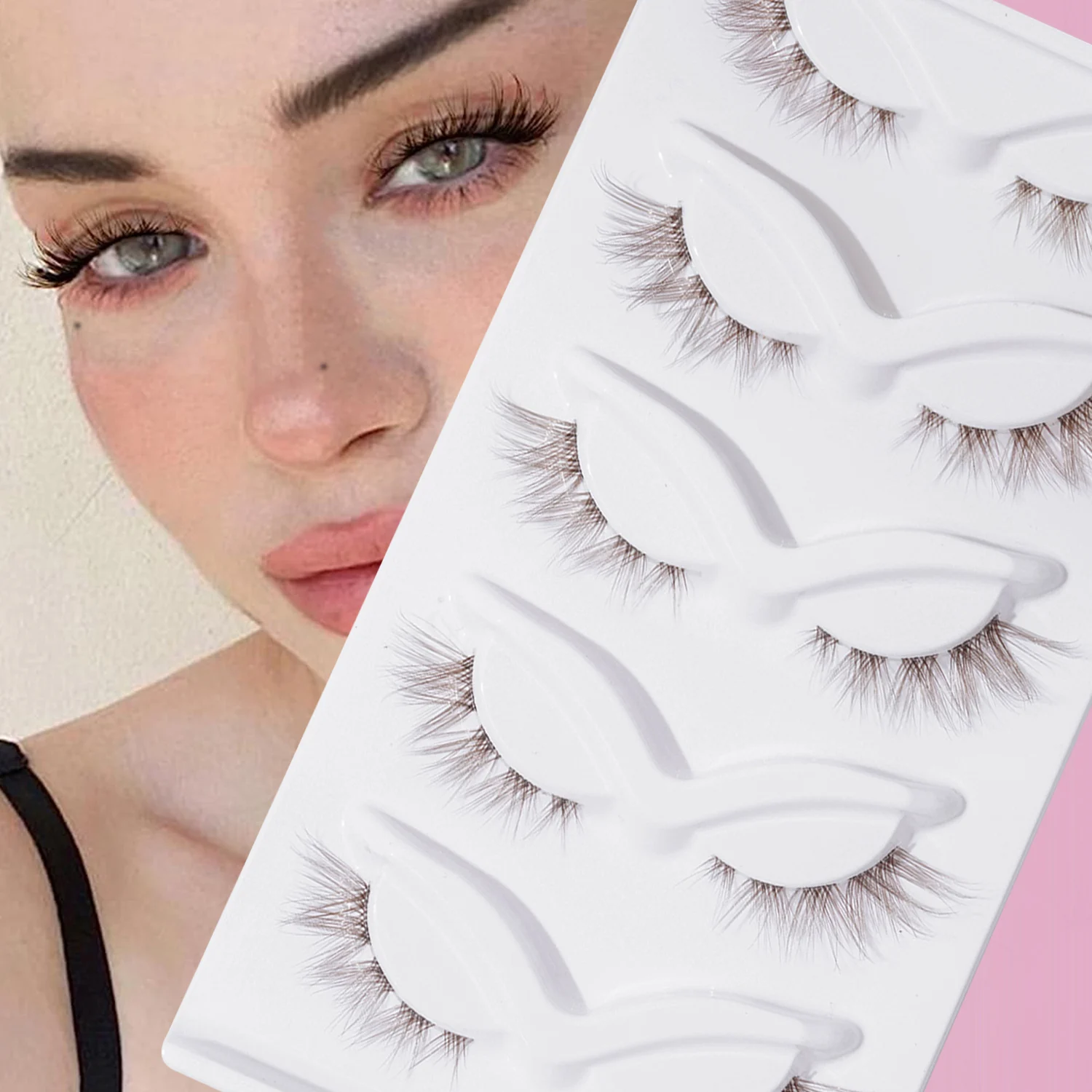 5 pairs of 6D segmented brown cross false eyelashes / oblique knife eye tail elongated false eyelashes