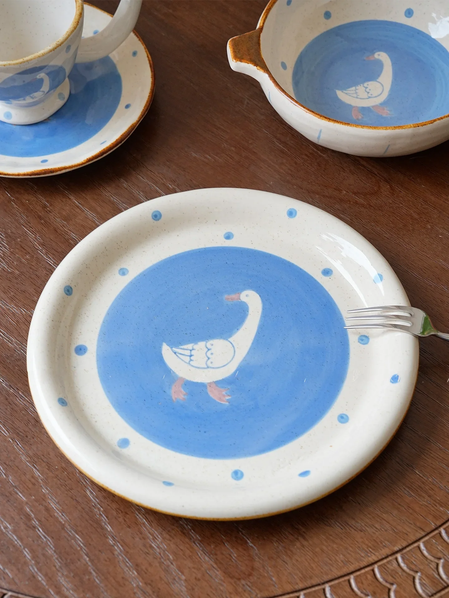 Retro Underglaze Polka Dot Starry  Goose Coarse Ceramics Breakfast Plate Dessert Pasta Bowl Double Ear Bowl Espresso Cup