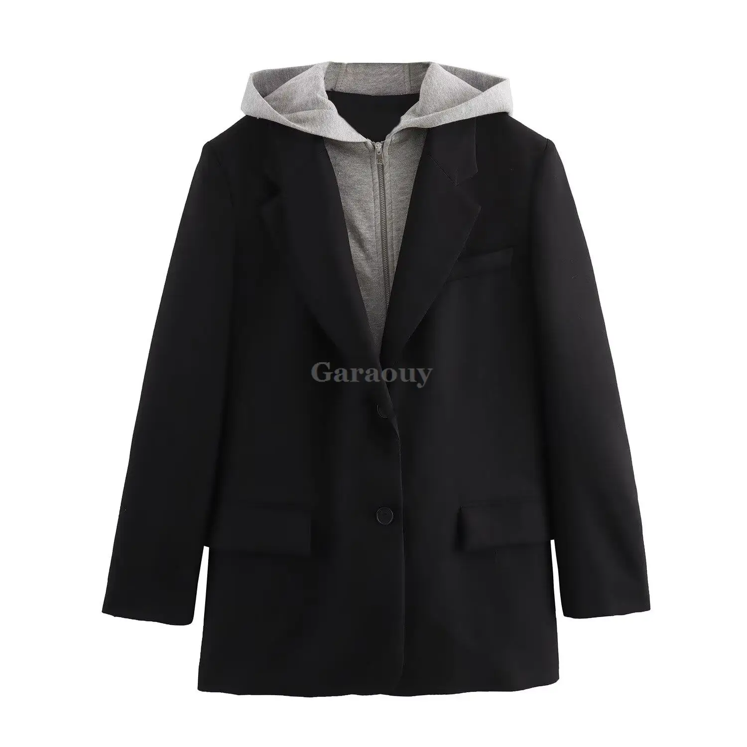 Garaouy-Jaqueta feminina casual chique com capuz, blazer feminino falso de duas peças, outwear simples solto, blusa senhora do escritório, casaco