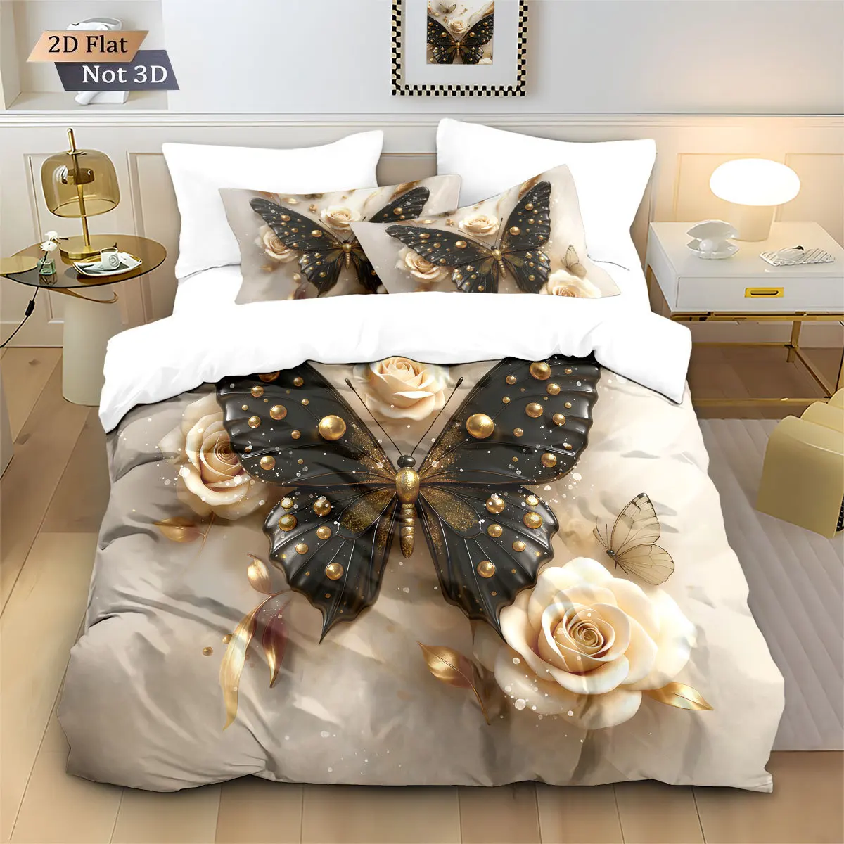 Rose Butterfly Bedding Set 3D Print Brushed Duvet Cover for Bedoom Dormitory Decor, 1 Duvet Cover and 2pillowcase with Zipper