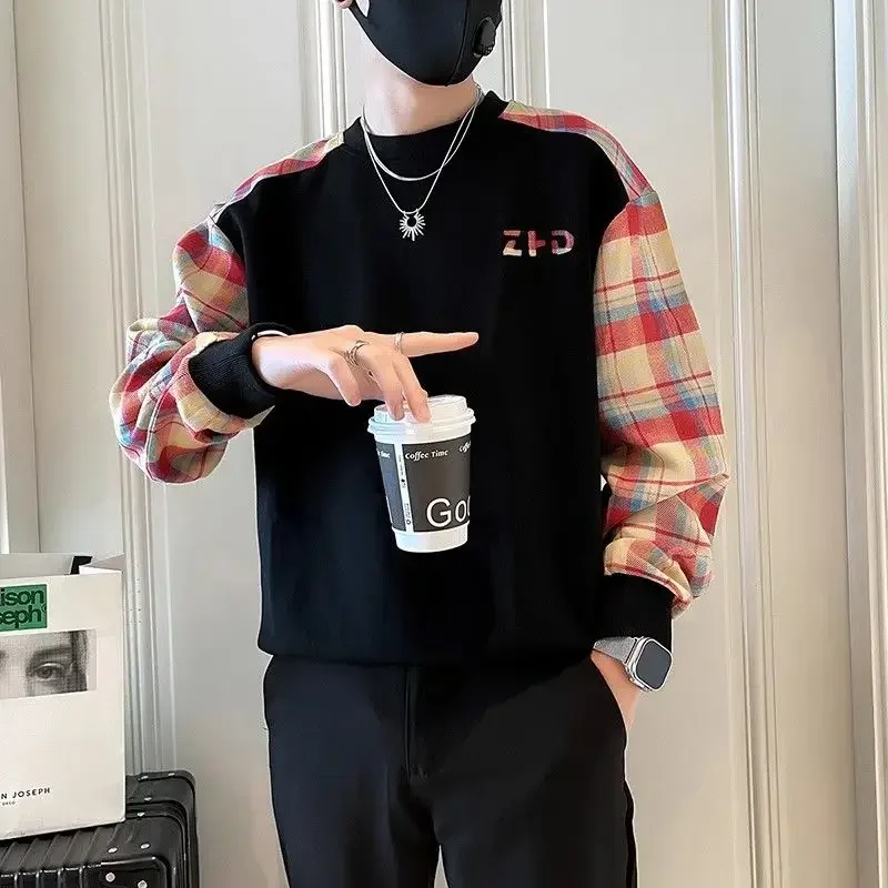 

LIBIELIY Korean Fashion Men New Autumn O-Neck Contrast Color Patchwork Embroidered Streetwear Casual Loog Sleeve Loose Sweatshir