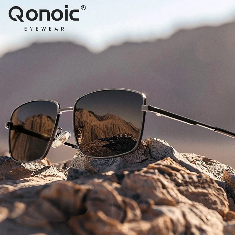 

QONOIC Men's Square Metal Polarized Sunglasses Classic Titanium Rectangle Sun Glasses for Driving&Daily Wear UV400 AJ01619