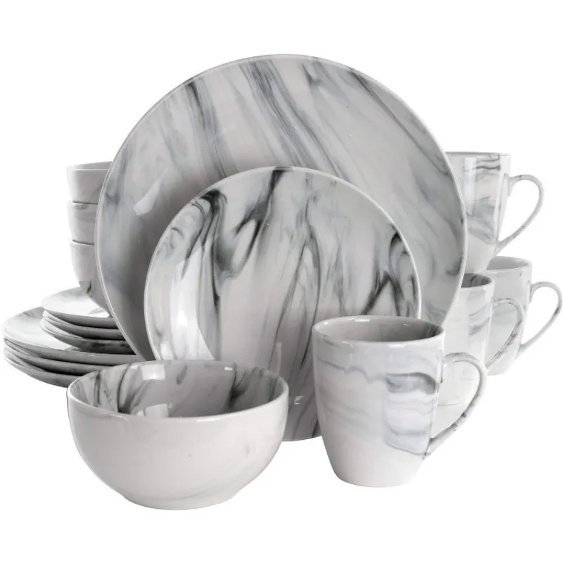 

Fine Round Gloss Dinnerware Dish Set for 4, 16 Piece, Dishwasher and Microwave Safe, Black and White Marble