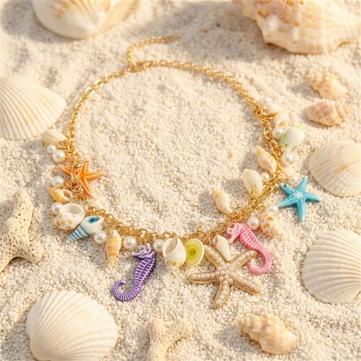 Sommerliche, extravagante, farbenfrohe Anhänger-Halskette mit Seestern, Muschel und Seepferdchen aus Kunstharz für Damen und Herren, Ozean- und Strandmotiv, Meerestier-Choker-Schmuck – Detail 17