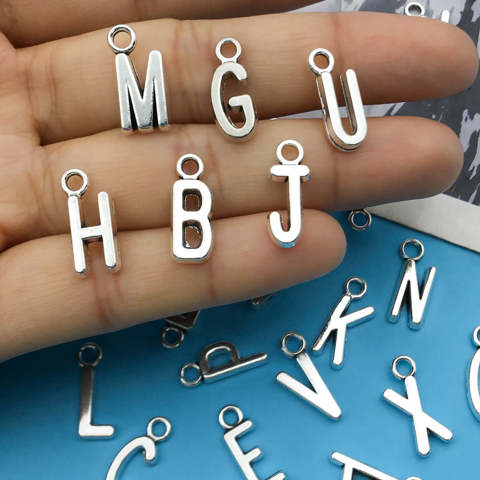 26Pcs/Pack Antique Silvery/Cyan English Letters A-Z Alphabet Charms For DIY Jewelry Making Earrings Bracelet Necklace Handmade