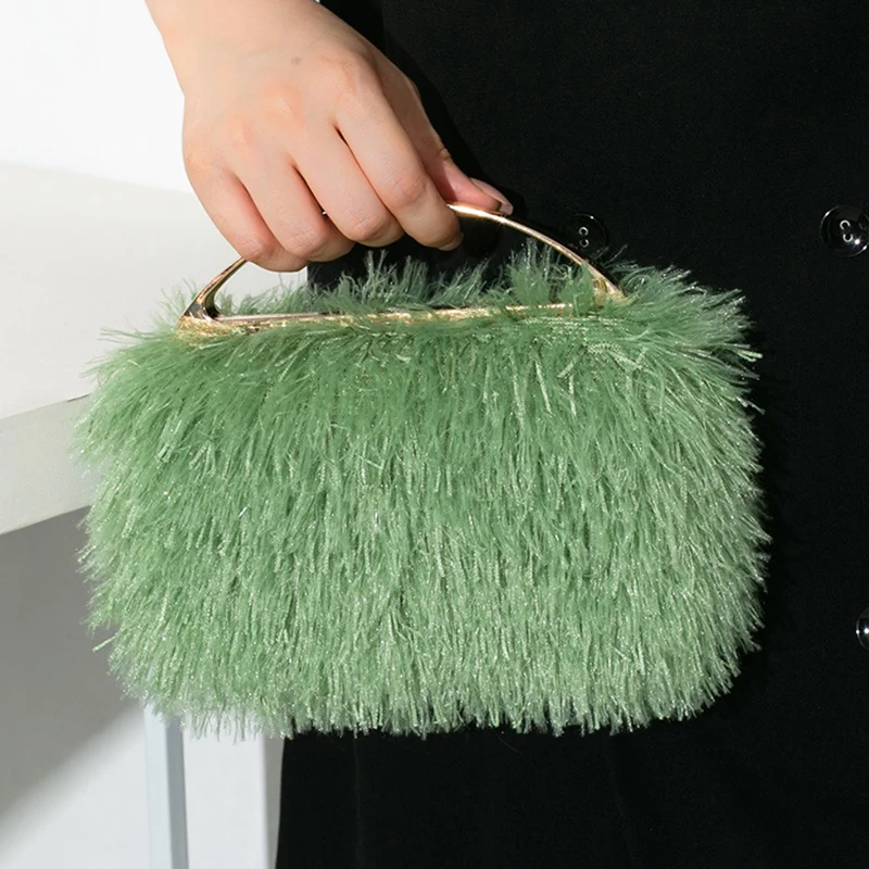 

Female New Fashion Plush Evening Bag Luxury Fluffy Tassel Design Women Handbag Soft Metal Handle Dinner Banquet Dress Clutch Bag