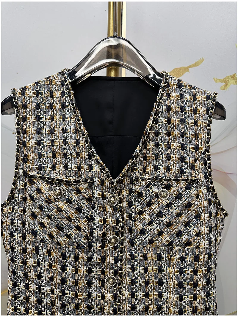 เดรสสั้นทรงเอเข้ารูปเอวสูง แขนกุด คอวี สไตล์วินเทจฝรั่งเศส ผ้าทวีดอเนกประสงค์ สำหรับผู้หญิง ฤดูใบไม้ร่วง