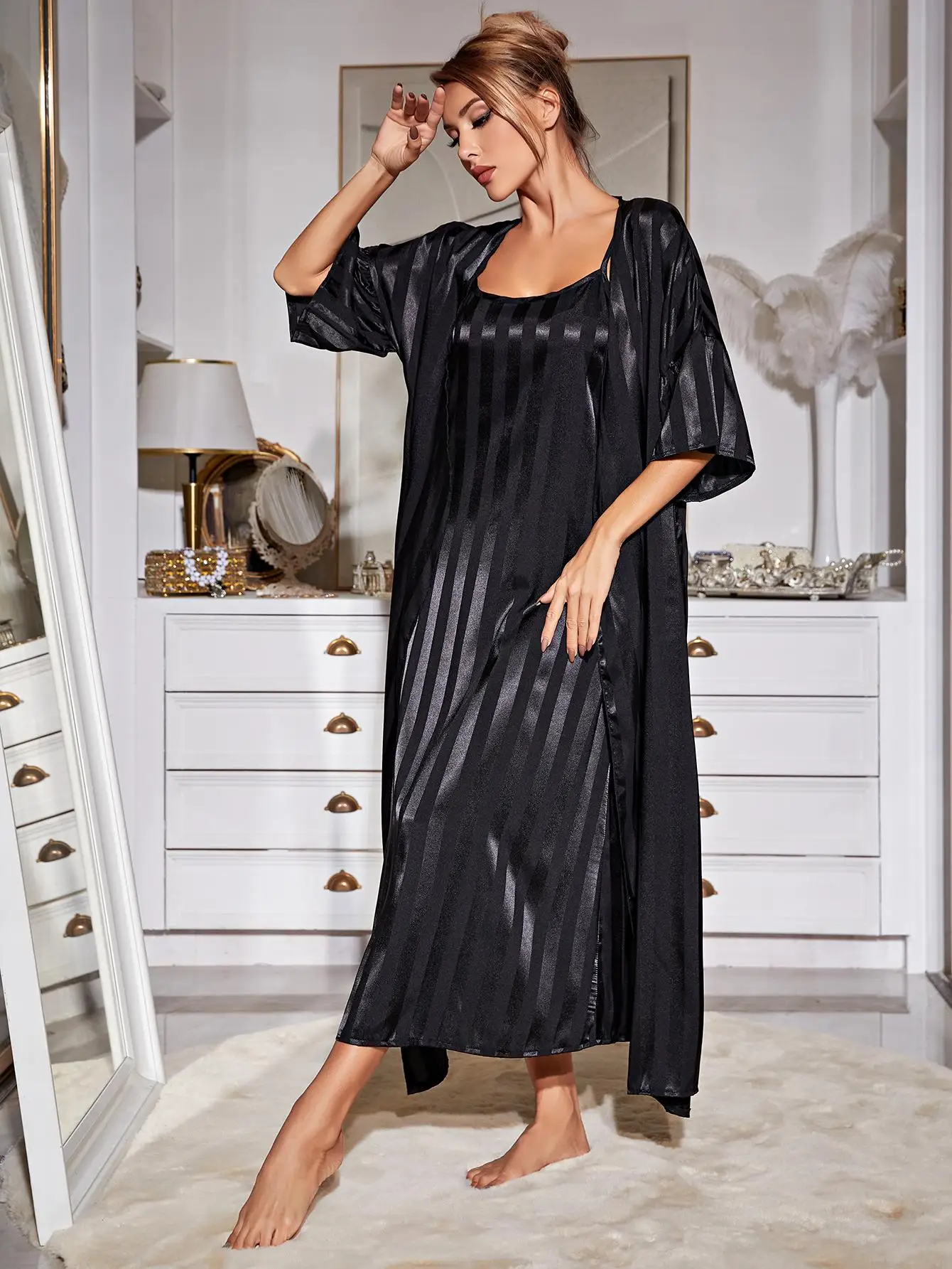 Women\'s Pajamas Robe Set Sexy Sling Sleepwear Dress Silk Like Homewear Luxury Strip Print Bathrobe 2pcs Suit Home Clothes Femme