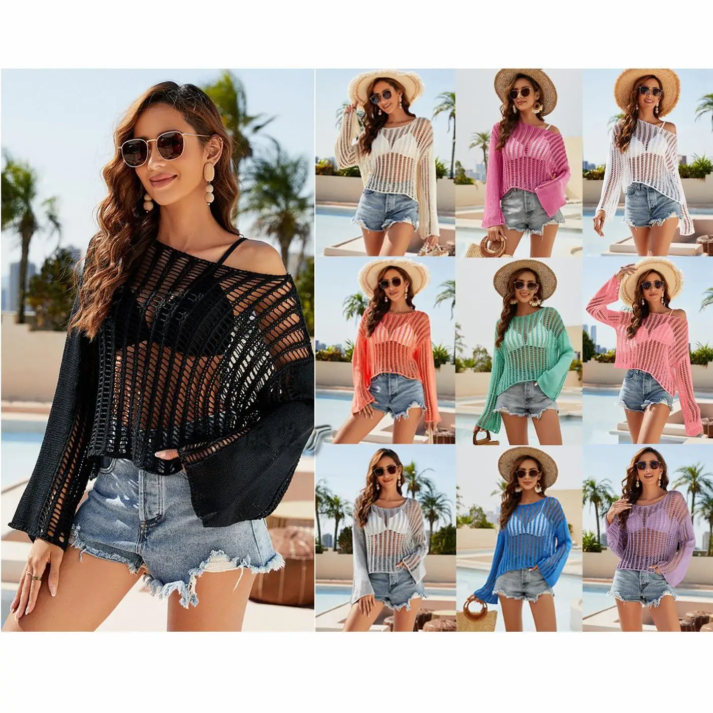 الربيع الصيف محبوك oulder عارية الجوف خارج المرأة سترة اليد الكروشيه عبر الحدود طويلة Sve منتظم صالح سترة #1