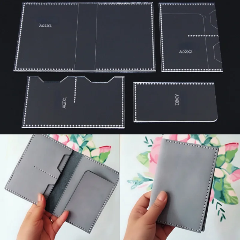 4Pcs/Set Clear Acrylic Leather Craft Template Passport Wallet Card Holder Sewing Pattern Stencil DIY Hobby Tool