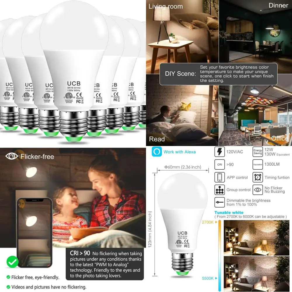 

Набор из 12 светодиодных лампочек 1300 лм, 12 Вт, с изменяемой цветовой температурой (от теплого белого до дневного света), совместимых с Bluetooth, для дома и офиса