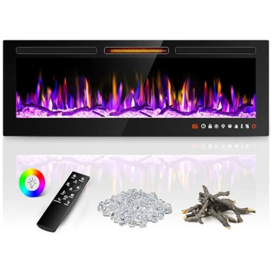 

50'' Electric Fireplace Heater for Modern Living Room or Bedroom Recessed and Wall Mounted Freestanding Linear Design with Ultr