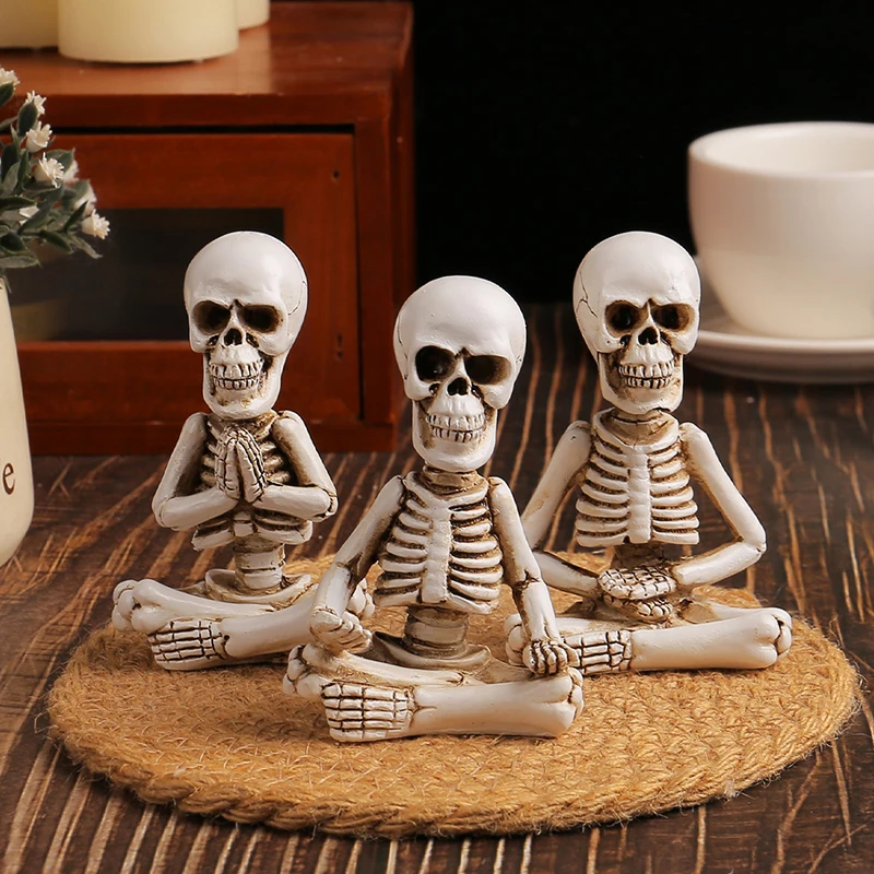 3Pcs Halloween Yoga Skeleton Figurine Sitting Prayer Skeleton Resin Statue Home Desktop Meditation Decoration For Festival Party