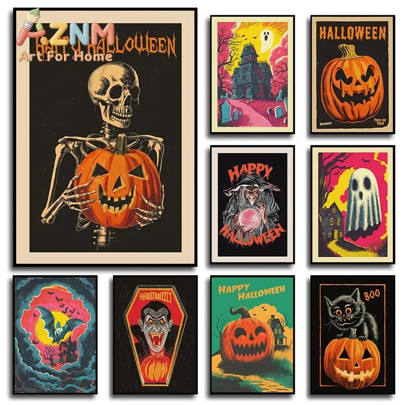 Retro Halloween Wall Art Cute Spooky Bat & Colorful Haunted House Canvas Print Pumpkin Trick or Treat Poster for Home Decor Gift
