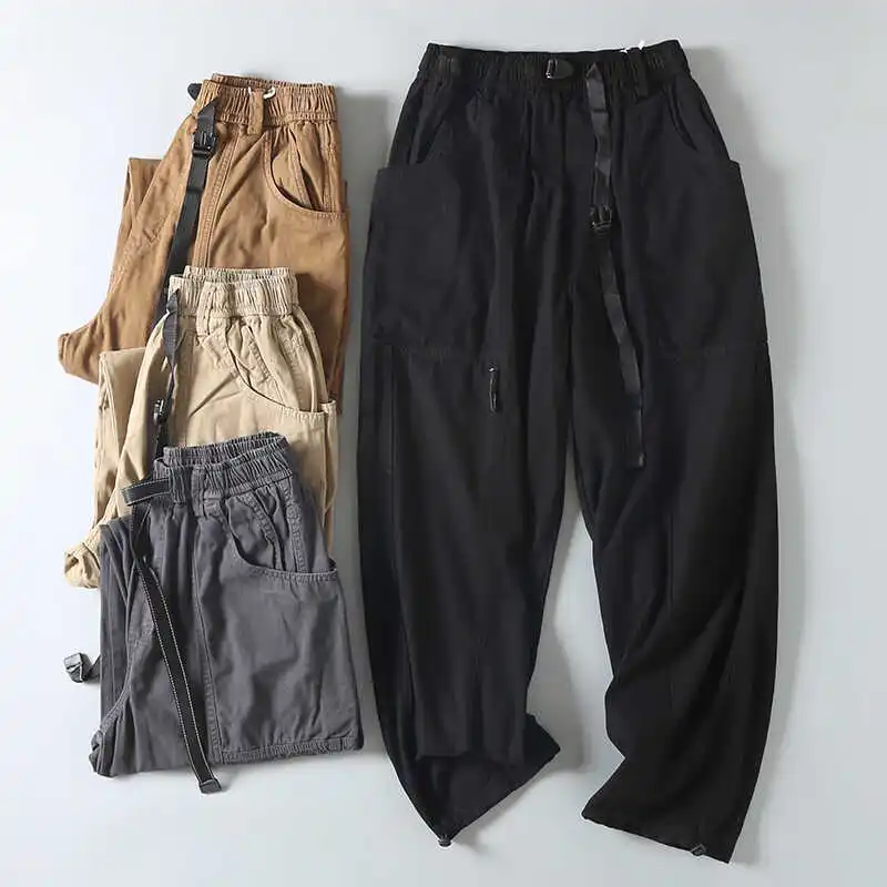 

American Retro Men's Loose Straight Leg Work Pants High Street Trendy Cotton Elastic Waist Long Trousers Casual Faion