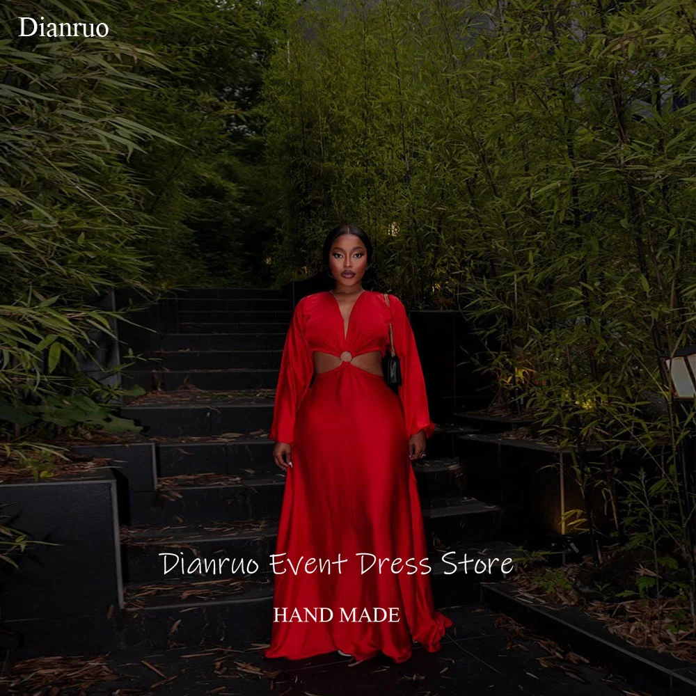 

Dianruo Chic Red Satin Evening Dresses Pleat V Neck Cut Out Robe De Soirée Femme Long Length High Quality Prom Gowns Customized