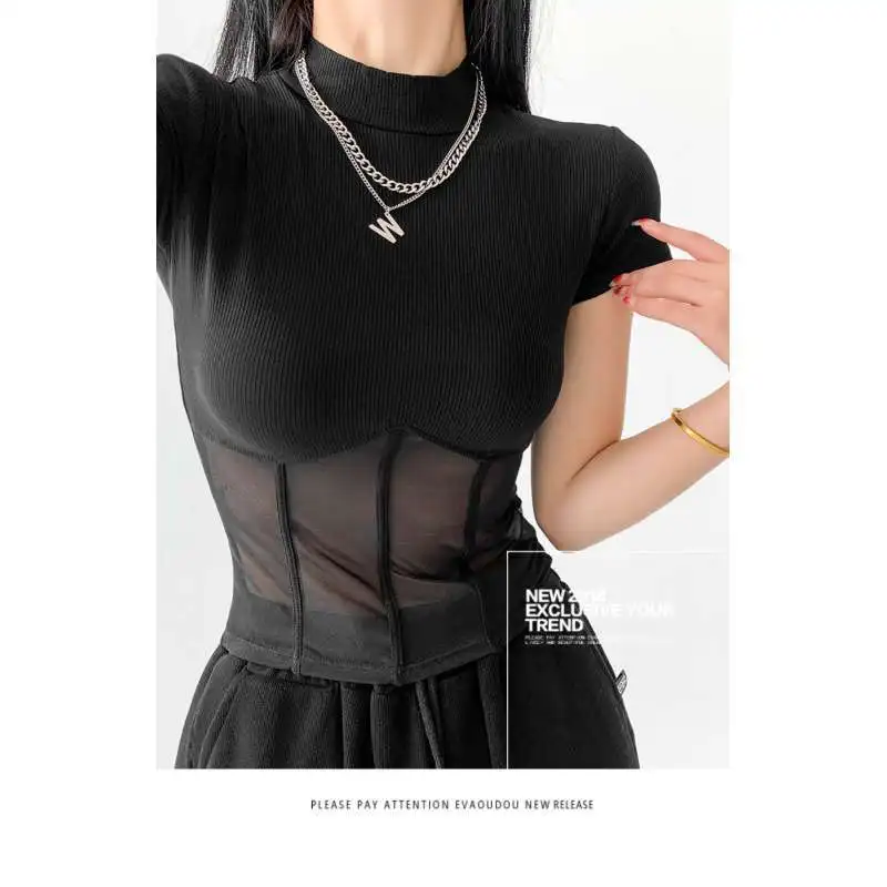 Black Mesh Patchwork Waistband Bottom Shirt European American Style Spicy Top Half High Neck Slim Fit Short Sleeved T-shirt Y2k