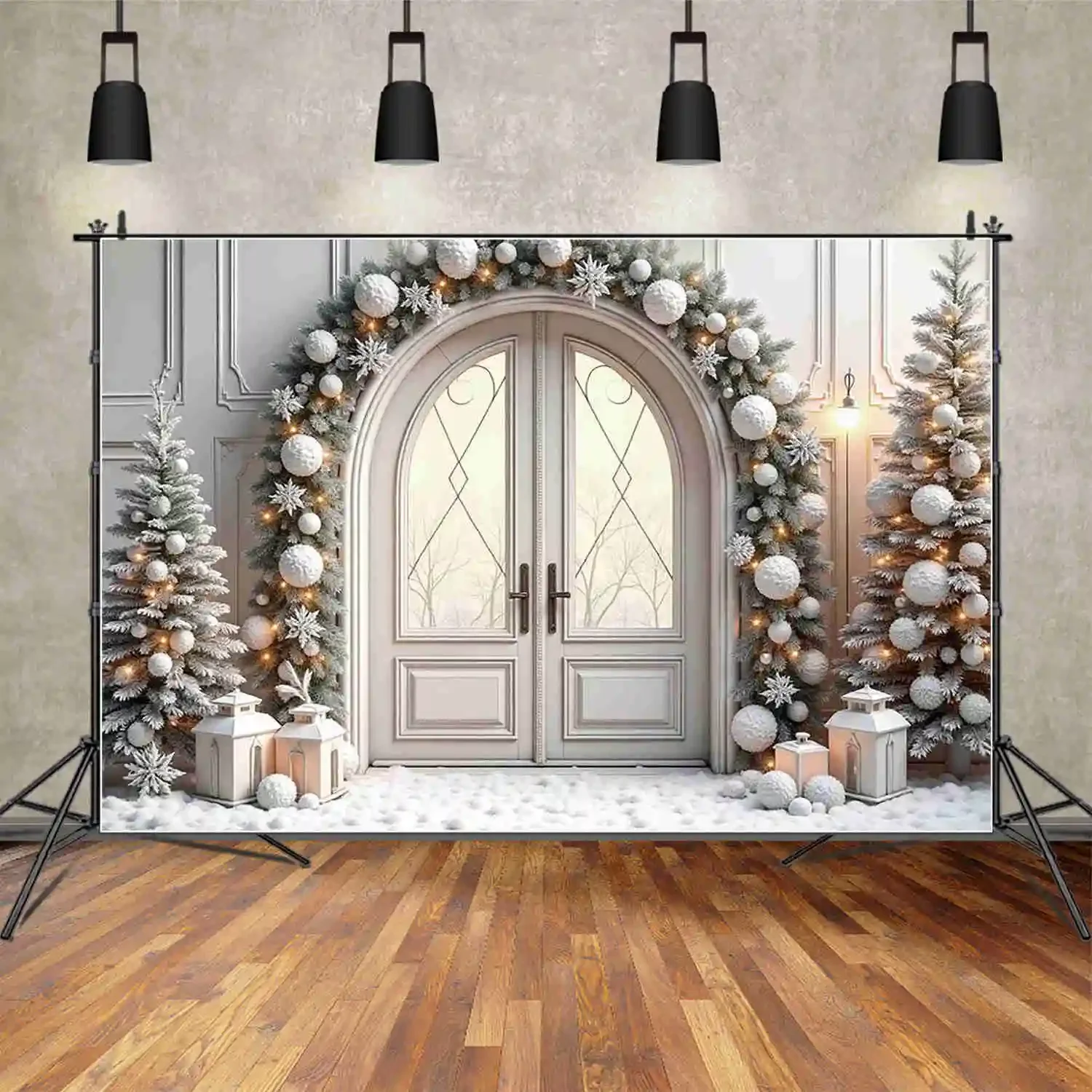 MOON.QG Snow Winter Christmas Tree Old Brick Fireplace Background 2025 Pine Balls Wreath Gifts Photography Photo Studio Backdrop