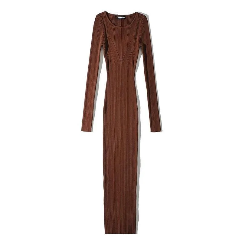 2025 Autumn and Winter New Fashion Spice Girl Round Neck Slim and Thin Hip-wrapped Long Dress Long Sleeve Knitted Dress