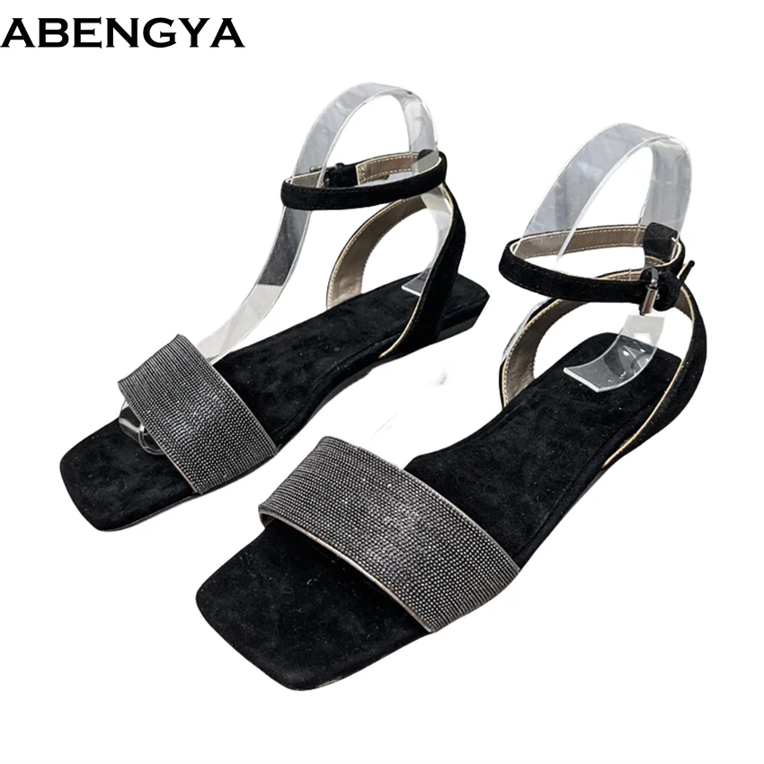 

Summer Crystal Sandals Women Holiday Flat Beach Shoes Ladies Suede Leather Flipflops Ankle Strap Casual Mules Women's Sandals