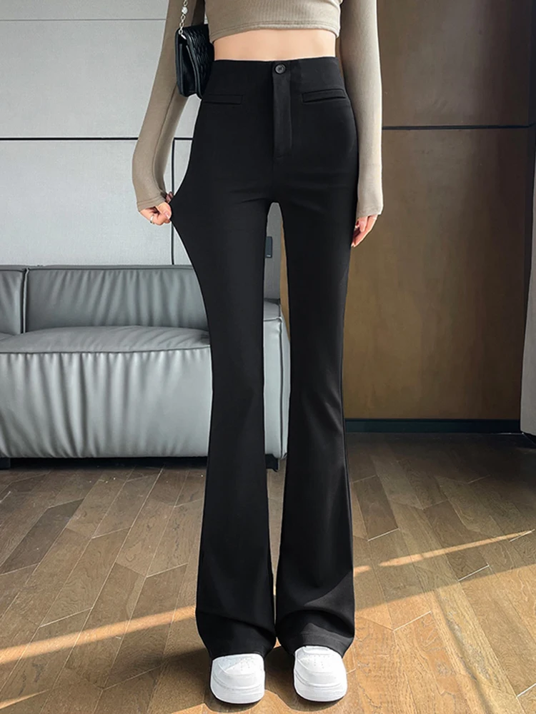 Jielur Tight Hip Black Slim Fashion Female Flare Pants High Waist Casual Simple Chic Zipper Pockets Spodnie damskie Office Lady