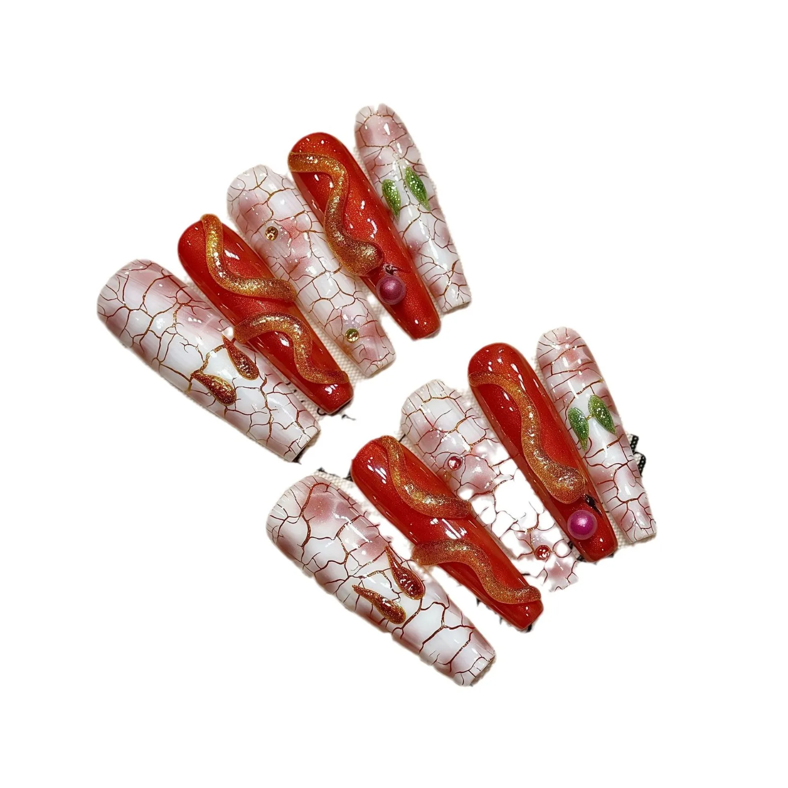 اليدوية السنة الجديدة الصحافة على الأظافر ثلاثية الأبعاد لامعة الأفعى طباعة تصميم الأظافر وهمية للنساء يمكن ارتداؤها طويلة الباليه التابوت أظافر صناعية بقع #4