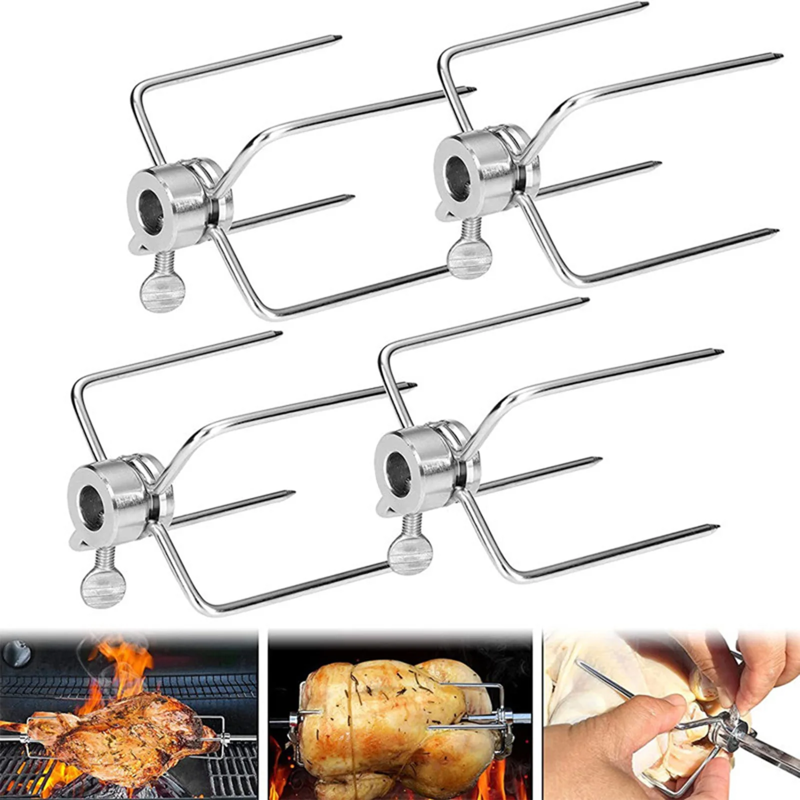 Stainless Steel Grill Rotisserie Forks with 4 Prongs Rotisserie Fork for Fork Chicken Fish Meat