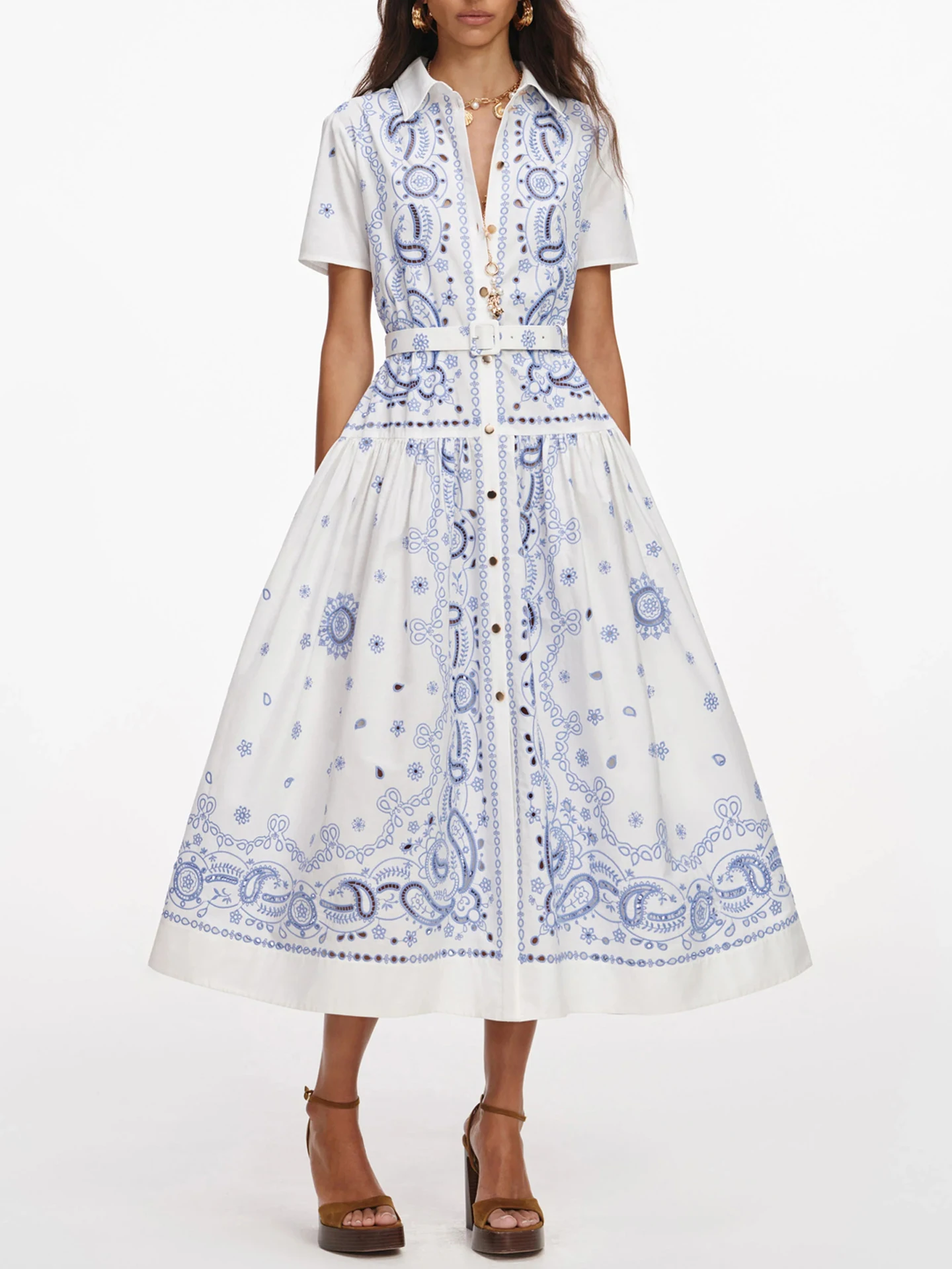 High-End Women's Embroidered Hollow out Collared Shirt Dress Spring Summer Collection Soft Medium High Waist A-Line Skirt