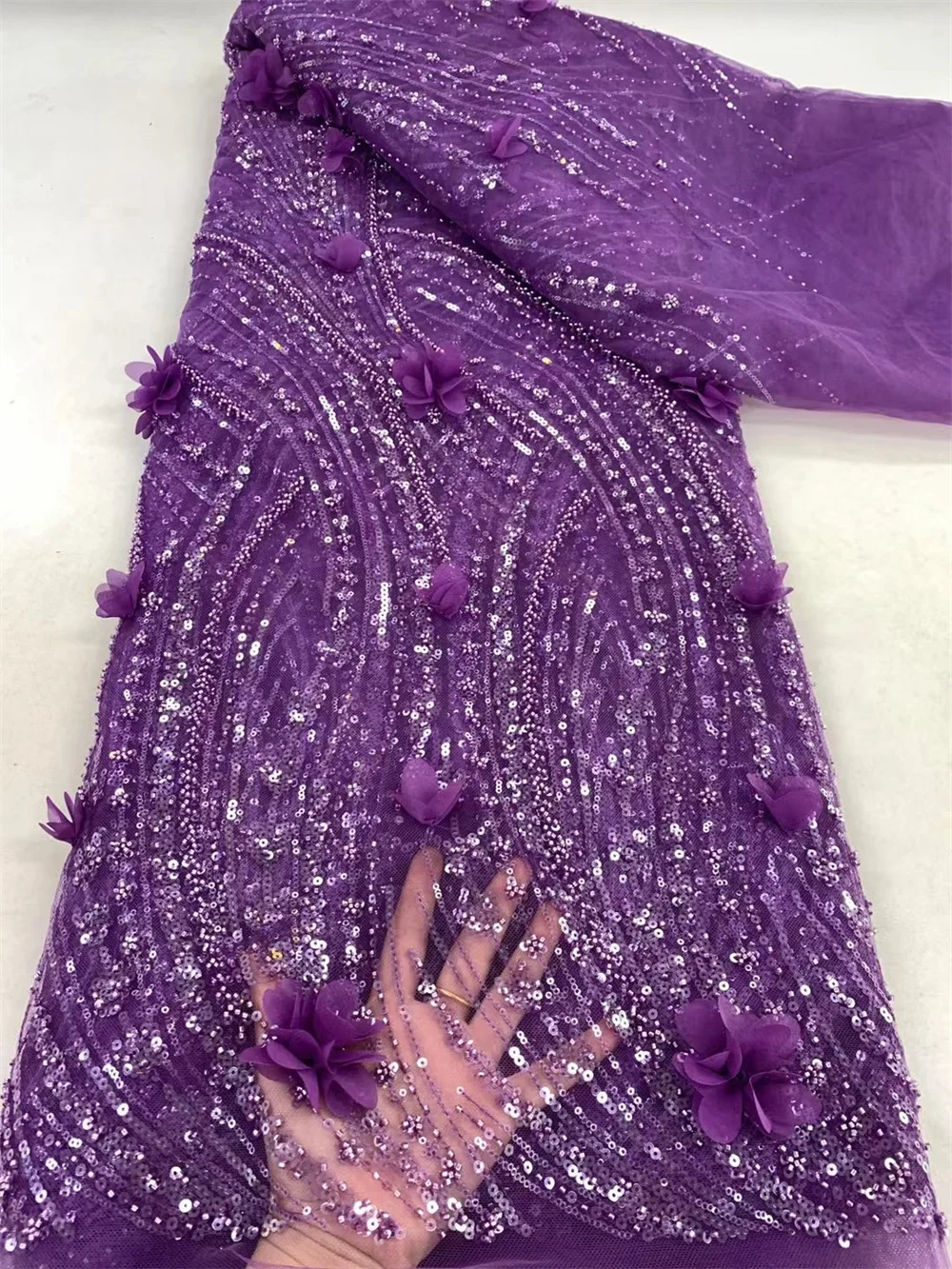 

Luxury Purple Beaded Lace Fabric with Flower Embroidery 3D Materials African Dubai Pearl Tulle Dress Lace Fabric Sewing A240-1