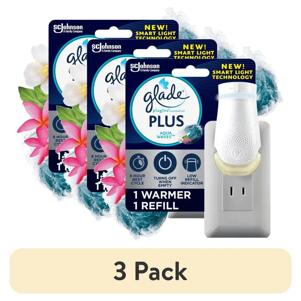 Aqua Waves Scented Oil Warmer and Refill Kit  PlugIns PLUS Technology Noticeable Fragrance Sea Salt & Island Flowers 3 Pack