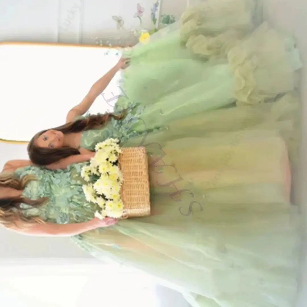 

CustomizedGreen Flower Girl Dresses For Wedding Off Shoulder Appliques Elegant Kids Birthday Party First Communion Ball Gown