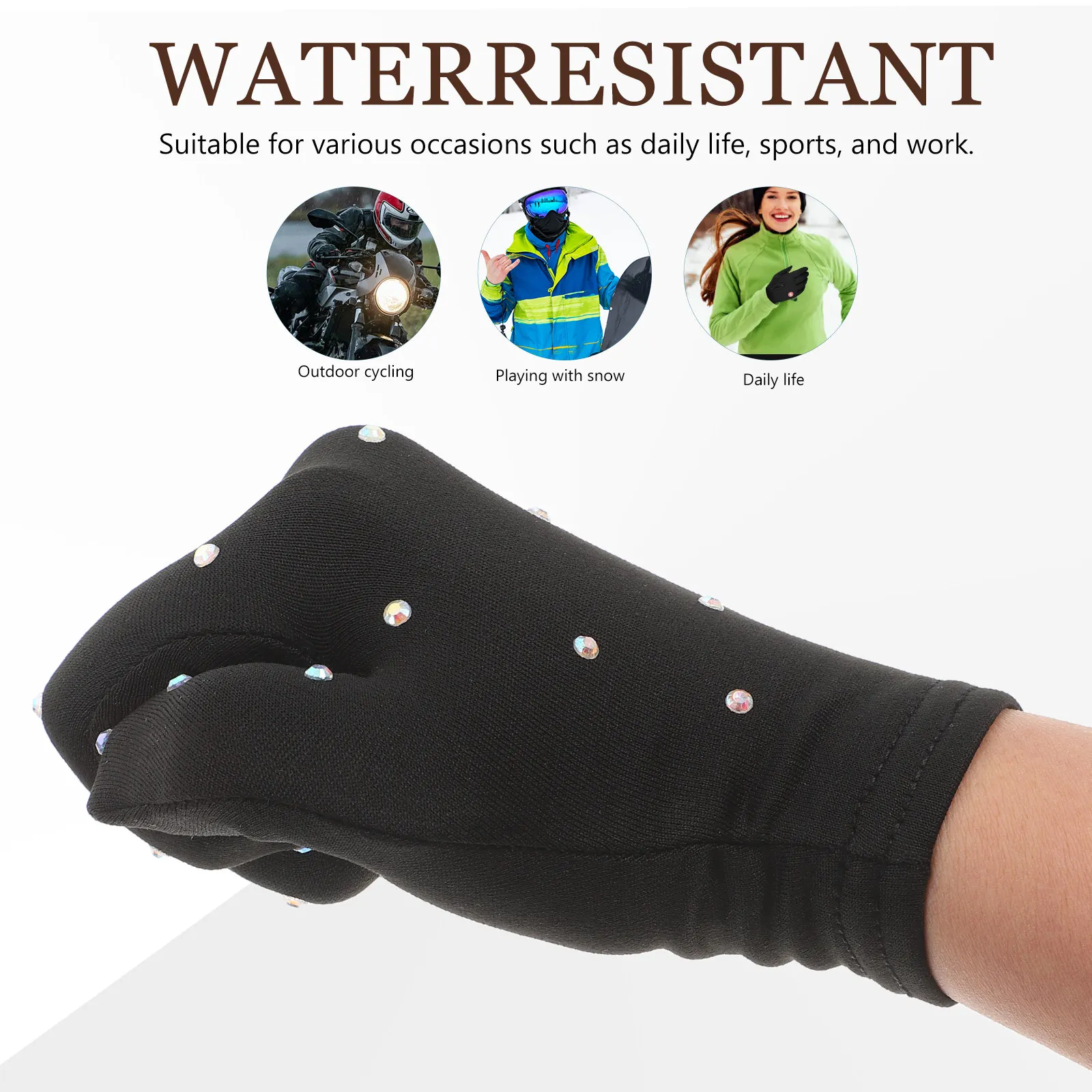 1Pair Figure Skating Gloves Elastic Fiber Performance Gloves Breathable Flexible Touchscreen Compatible Rhinestone Decor