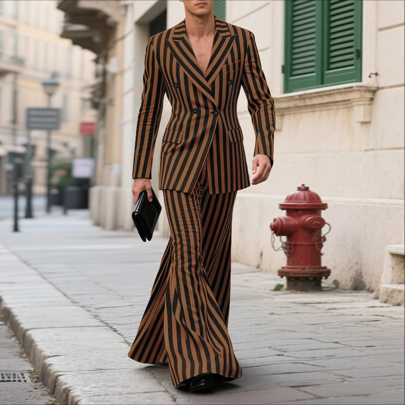 INCERUN أطقم رجالية مخططة بأكمام طويلة سترة مزدوجة الصدر وسراويل مضيئة طقم مكون من قطعتين ملابس خروج عصرية للرجال بدل غير رسمية #2