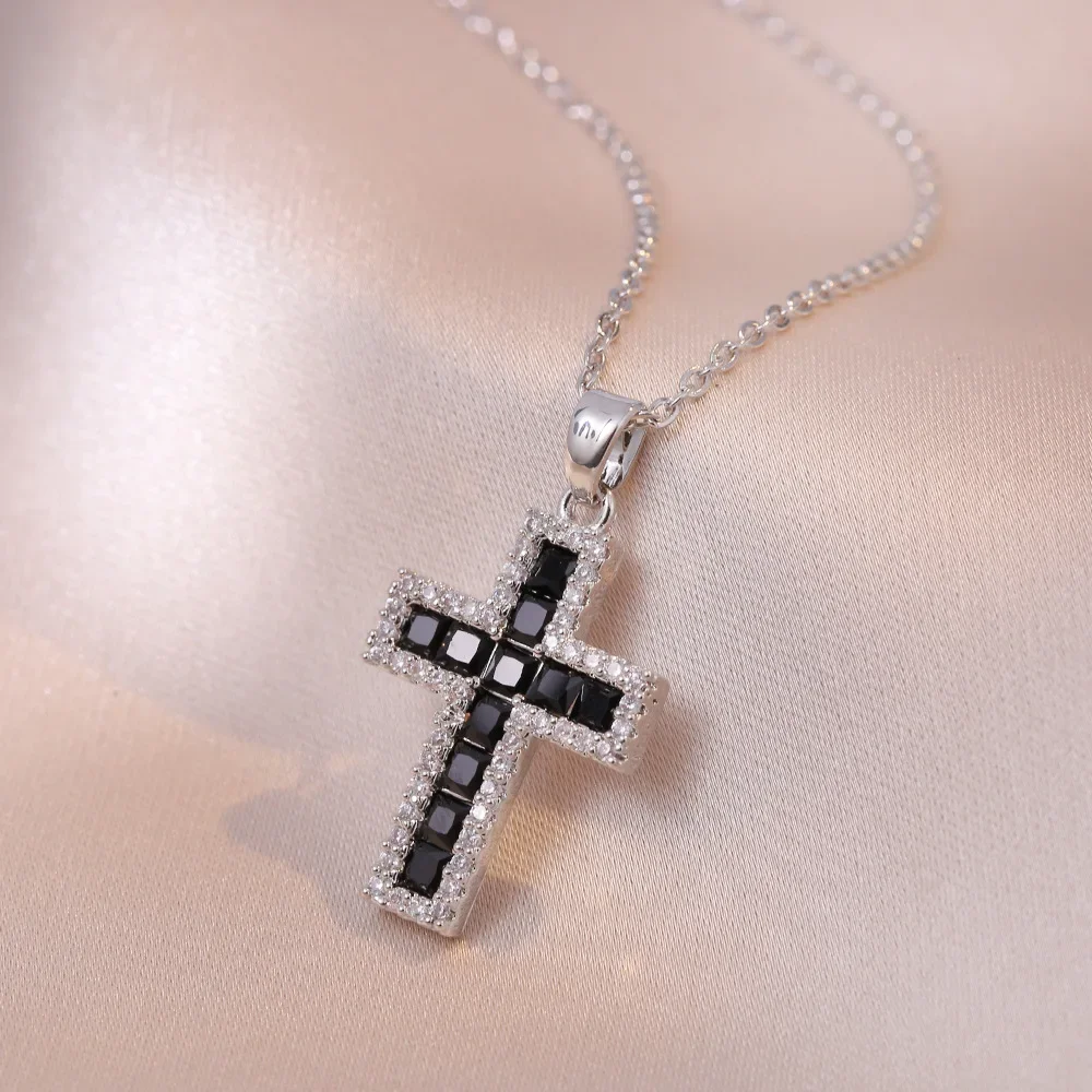 Colorful Zircon Cross Pendant Necklaces for Women Girls Stainless Steel Trendy Romantic Jewelry Accessories Gifts