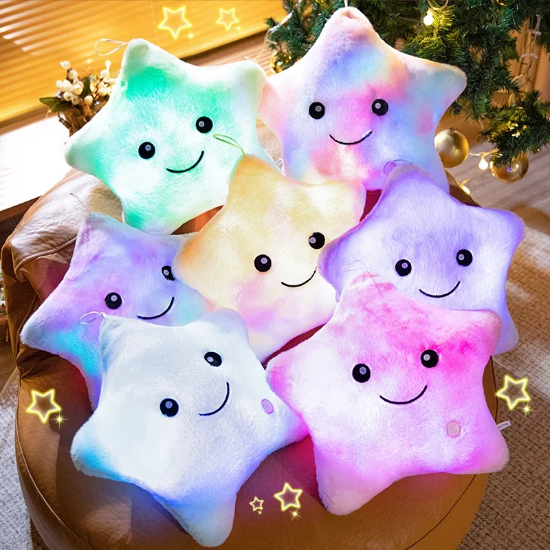 24x22/40x35cm Glowing Star Plush Pillow Stuffed Smiling Face Soft Purple Blue Green Yellow Overnight Plushie Friend Gift