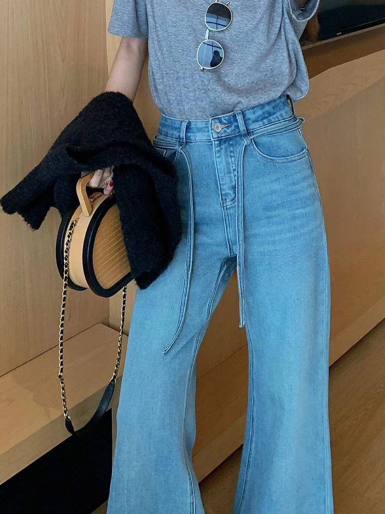 

High Waist Bell Bot Jeans Women's plus Size Light Blue Stretch Denim Pants Four Directional Elastic Wide Leg Micro Flare