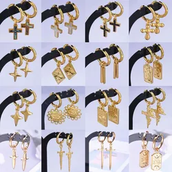1 Pair Gold Color The Sword Evil Eye Sun Earrings For Women Men Accessories Round Hoops Stainless Steel Earring Religious Cross