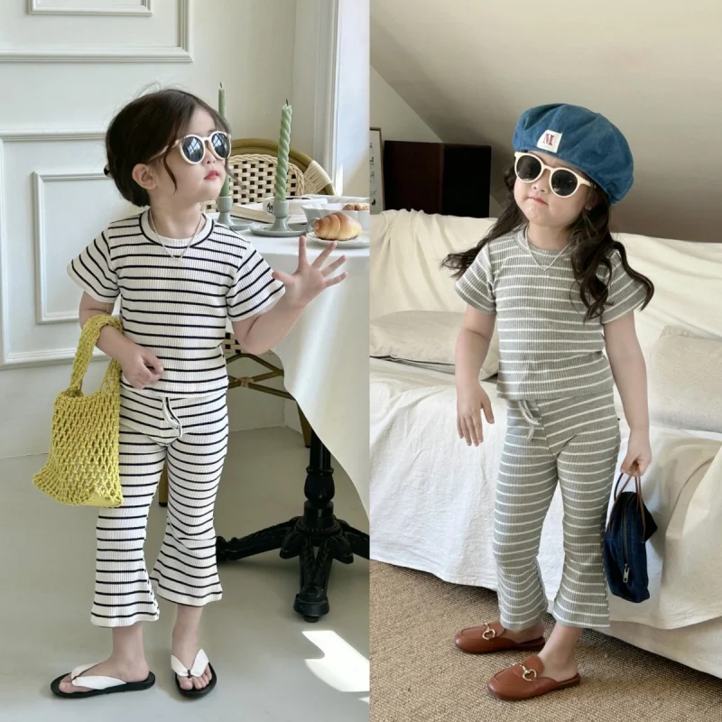 2pcs Baby Clothing Set Summer Stripe Toddler T-shirt Tops Long Flare Pants Set Cotton Kid Short Sleeve Casual Child Clothes 3-9Y