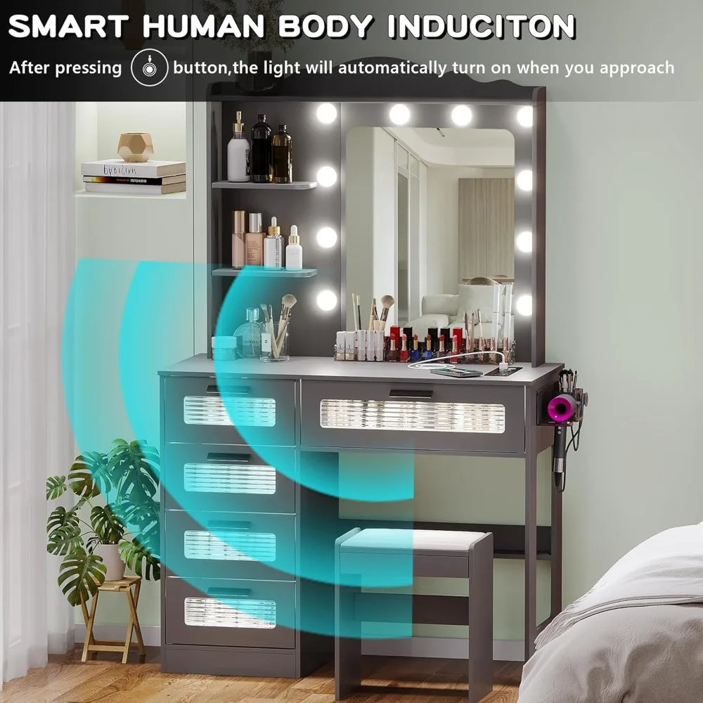 طاولة مكياج مع 10 لمبات إضاءة، مكتب زينة حديث مع مرآة و3 أوضاع إضاءة، مجموعة طاولة زينة مع 2 USB P