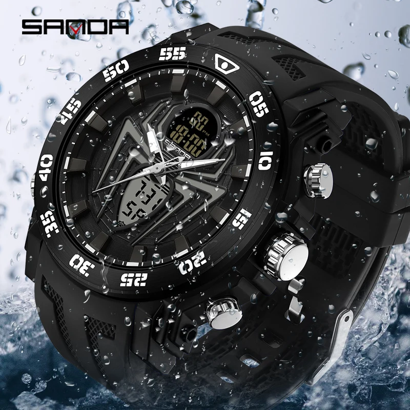 SANDA New Men Watch Big Spider Dial Design Sport Watch LED Digital quartz Waterproof Watch Men Multifunction Dual Display Clock