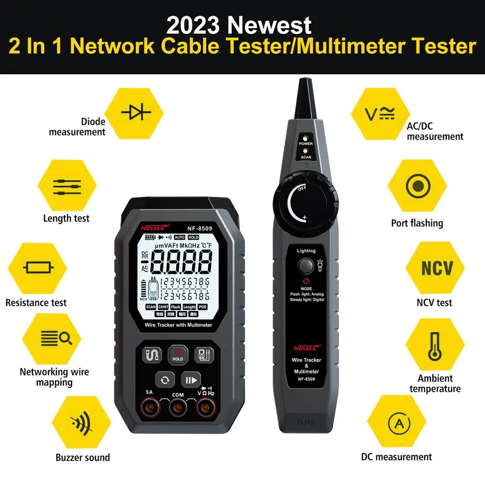 جهاز اختبار كابل الشبكة المتعدد RJ45 CAT5 CAT6 جهاز اختبار إيثرنت منفذ وامض NCV مضاد للحرق التيار المتناوب تيار مستمر الفولتميتر POE طول اختبار TDR